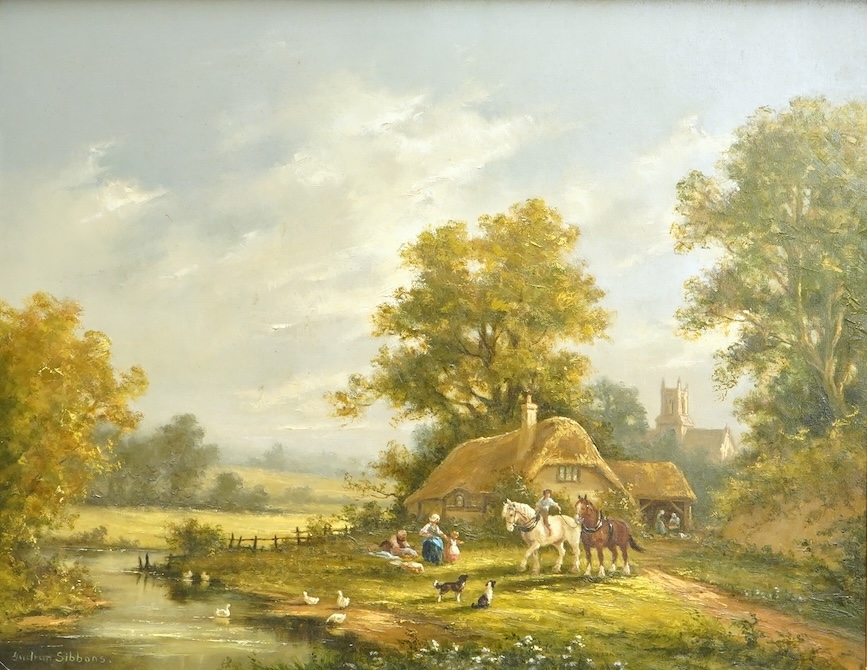 Gudrun Sibbons (1924-2020), Landscape with figures and carthorses before thatched cottages, signed, oil on board, 39 x 49cm, ornate gilt frame
